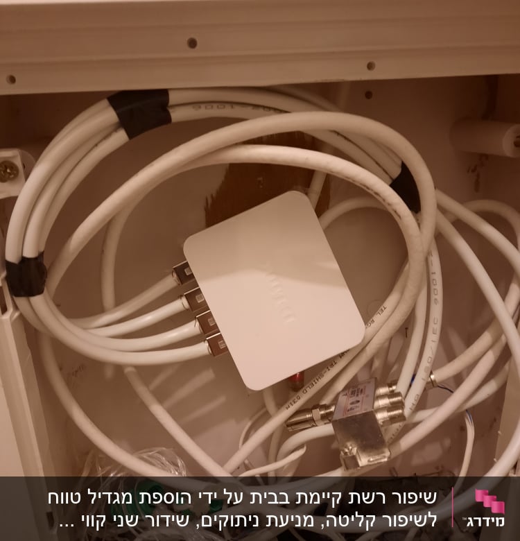 כבלים לבנים מחוברים למפצל בתוך ארון תקשורת